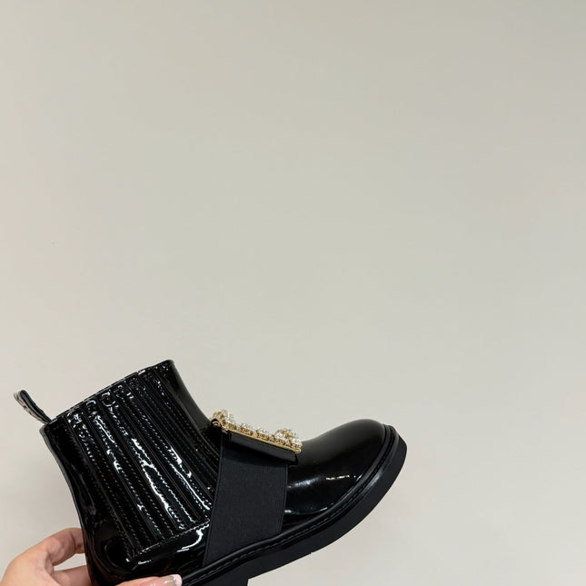 VIV' RANGERS CHELSEA BOOTIES IN GLOSSY BLACK CALFSKIN CRYSTAL BUCKLE
