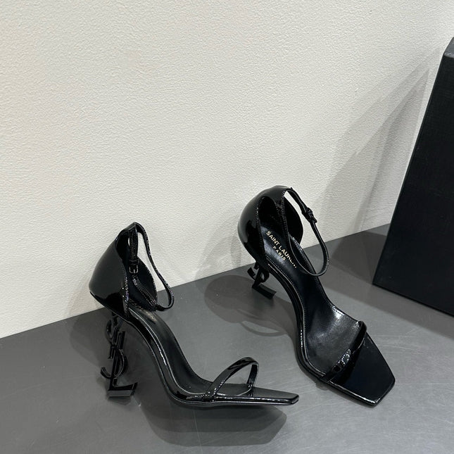 YSL HEELED SANDALS 25S 105 MM IN BLACK GLOSSY LAMBSKIN