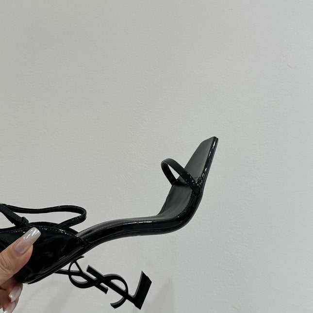 YSL HEELED SANDALS 25S 105 MM IN BLACK GLOSSY LAMBSKIN