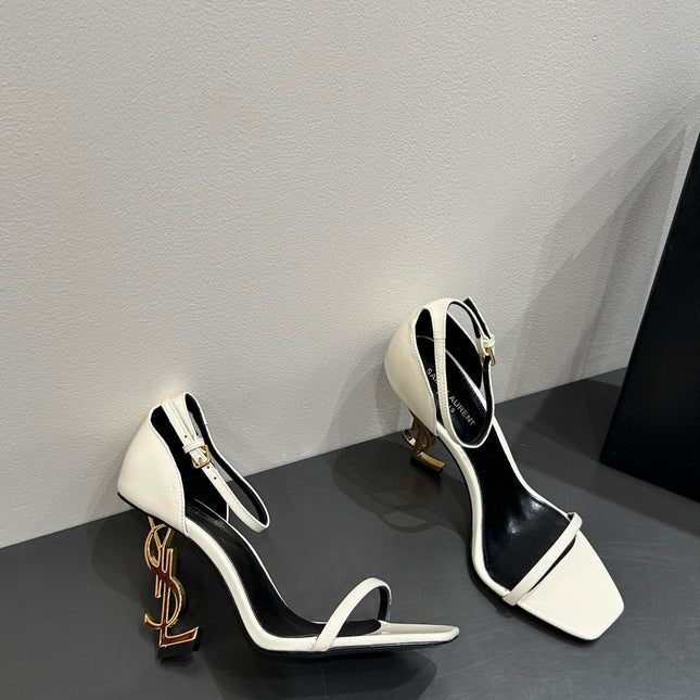 YSL HEELED SANDALS 25S 105 MM IN CREAM WHITE LAMBSKIN