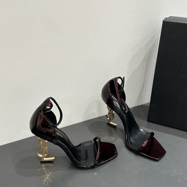 YSL HEELED SANDALS 25S 105 MM IN DARK RED GLOSSY LAMBSKIN