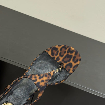 YSL WEDGE THONG SANDALS 25S IN LEOPARD LAMBSKIN WITH GOLD HARDWARE