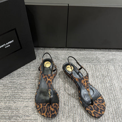 YSL WEDGE THONG SANDALS 25S IN LEOPARD LAMBSKIN WITH GOLD HARDWARE