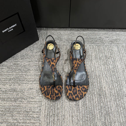 YSL WEDGE THONG SANDALS 25S IN LEOPARD LAMBSKIN WITH GOLD HARDWARE
