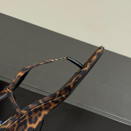 YSL WEDGE THONG SANDALS 25S IN LEOPARD LAMBSKIN WITH GOLD HARDWARE