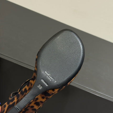 YSL WEDGE THONG SANDALS 25S IN LEOPARD LAMBSKIN WITH GOLD HARDWARE