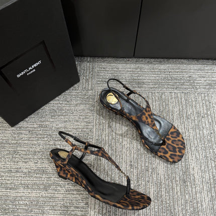 YSL WEDGE THONG SANDALS 25S IN LEOPARD LAMBSKIN WITH GOLD HARDWARE