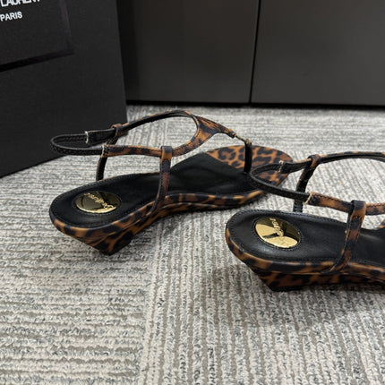 YSL WEDGE THONG SANDALS 25S IN LEOPARD LAMBSKIN WITH GOLD HARDWARE