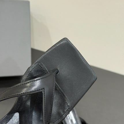 BALENCIAGA 25S HIGH-HEELED FLIP-FLOPS IN BLACK CALFSKIN WITH SILVER HARDWARE