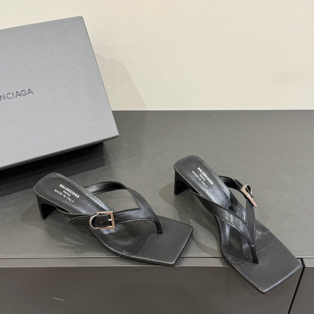 BALENCIAGA 25S HIGH-HEELED FLIP-FLOPS IN BLACK CALFSKIN WITH SILVER HARDWARE