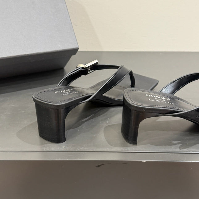 BALENCIAGA 25S HIGH-HEELED FLIP-FLOPS IN BLACK CALFSKIN WITH SILVER HARDWARE