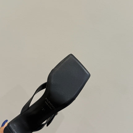 BALENCIAGA 25S HIGH-HEELED FLIP-FLOPS IN BLACK CALFSKIN WITH SILVER HARDWARE