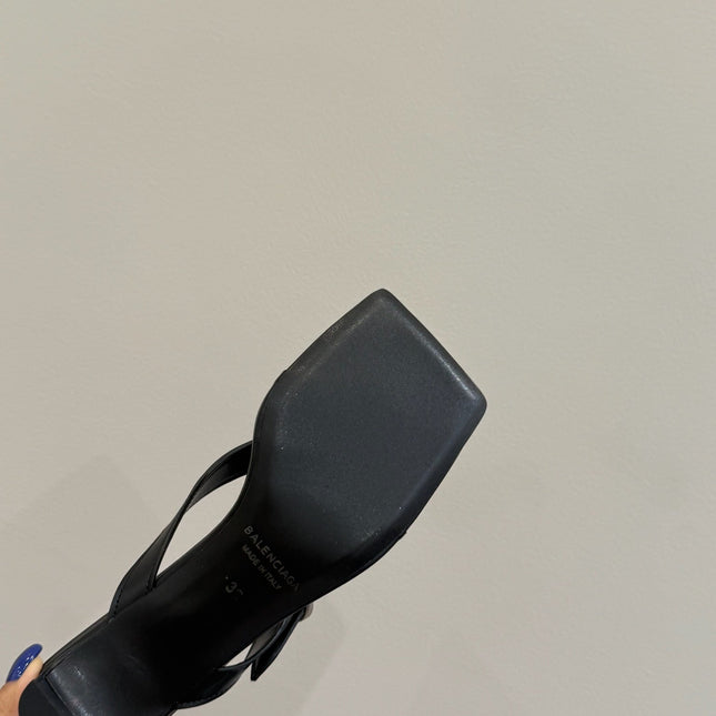 BALENCIAGA 25S HIGH-HEELED FLIP-FLOPS IN BLACK CALFSKIN WITH SILVER HARDWARE