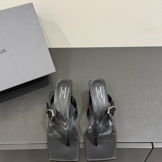 BALENCIAGA 25S HIGH-HEELED FLIP-FLOPS IN BLACK CALFSKIN WITH SILVER HARDWARE