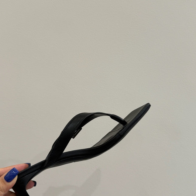 BALENCIAGA 25S HIGH-HEELED FLIP-FLOPS IN BLACK CALFSKIN WITH SILVER HARDWARE