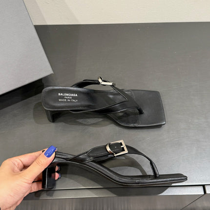 BALENCIAGA 25S HIGH-HEELED FLIP-FLOPS IN BLACK CALFSKIN WITH SILVER HARDWARE