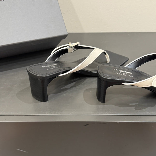 BALENCIAGA 25S HIGH-HEELED FLIP-FLOPS IN WHITE MIX BLACK CALFSKIN WITH SILVER HARDWARE