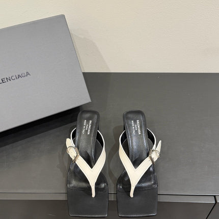 BALENCIAGA 25S HIGH-HEELED FLIP-FLOPS IN WHITE MIX BLACK CALFSKIN WITH SILVER HARDWARE