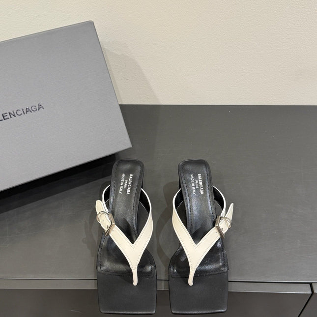 BALENCIAGA 25S HIGH-HEELED FLIP-FLOPS IN WHITE MIX BLACK CALFSKIN WITH SILVER HARDWARE