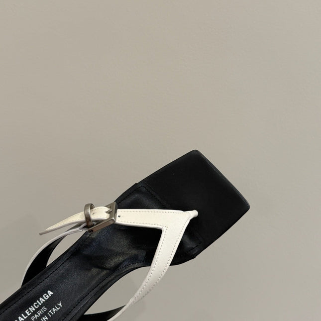 BALENCIAGA 25S HIGH-HEELED FLIP-FLOPS IN WHITE MIX BLACK CALFSKIN WITH SILVER HARDWARE