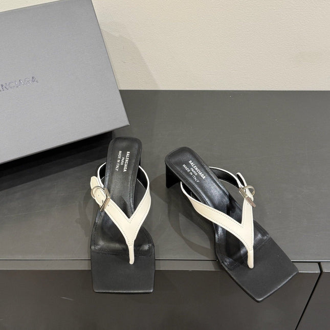 BALENCIAGA 25S HIGH-HEELED FLIP-FLOPS IN WHITE MIX BLACK CALFSKIN WITH SILVER HARDWARE