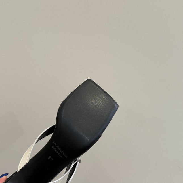 BALENCIAGA 25S HIGH-HEELED FLIP-FLOPS IN WHITE MIX BLACK CALFSKIN WITH SILVER HARDWARE