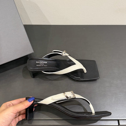 BALENCIAGA 25S HIGH-HEELED FLIP-FLOPS IN WHITE MIX BLACK CALFSKIN WITH SILVER HARDWARE