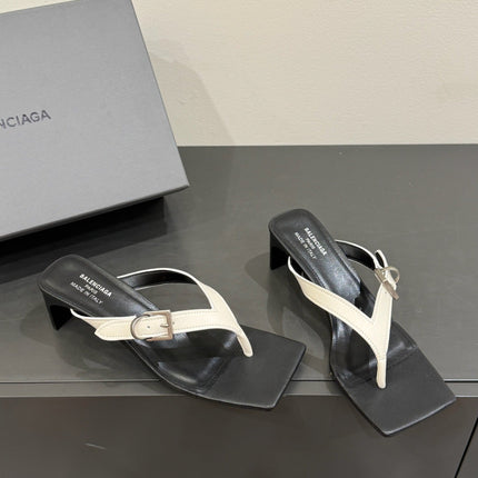 BALENCIAGA 25S HIGH-HEELED FLIP-FLOPS IN WHITE MIX BLACK CALFSKIN WITH SILVER HARDWARE