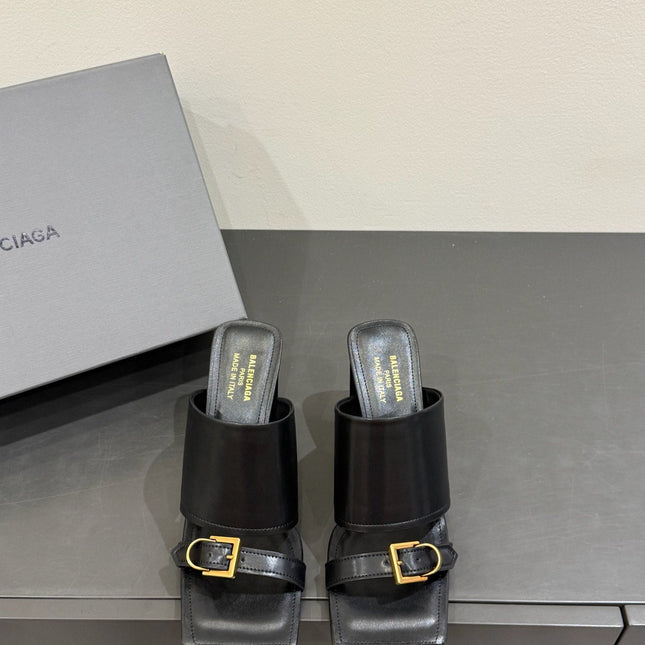 BALENCIAGA 25S HIGH-HEELED SANDALS IN BLACK CALFSKIN WITH GOLD HARDWARE