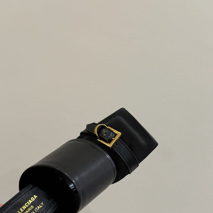 BALENCIAGA 25S HIGH-HEELED SANDALS IN BLACK CALFSKIN WITH GOLD HARDWARE