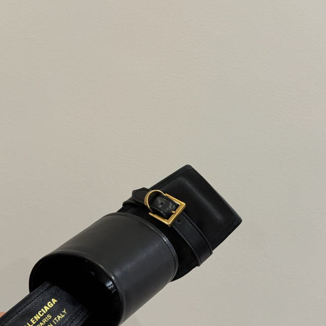 BALENCIAGA 25S HIGH-HEELED SANDALS IN BLACK CALFSKIN WITH GOLD HARDWARE