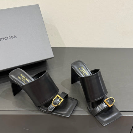 BALENCIAGA 25S HIGH-HEELED SANDALS IN BLACK CALFSKIN WITH GOLD HARDWARE