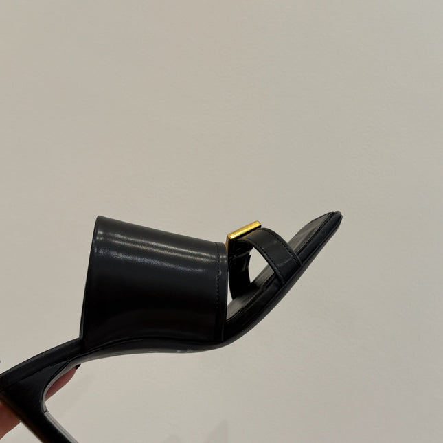 BALENCIAGA 25S HIGH-HEELED SANDALS IN BLACK CALFSKIN WITH GOLD HARDWARE