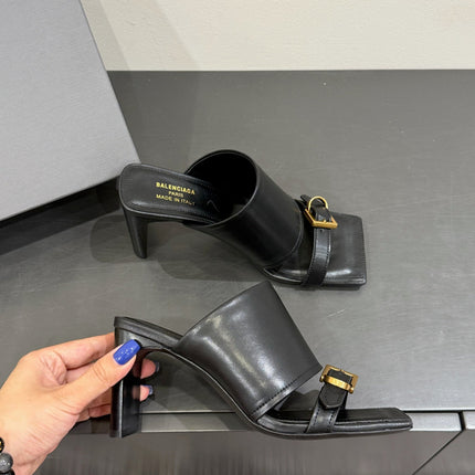 BALENCIAGA 25S HIGH-HEELED SANDALS IN BLACK CALFSKIN WITH GOLD HARDWARE