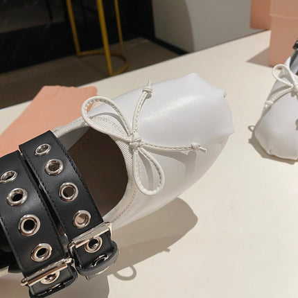 BALLET FLAT SHOES WHITE LAMBSKIN WITH UNIQUE BLACK STRAPS