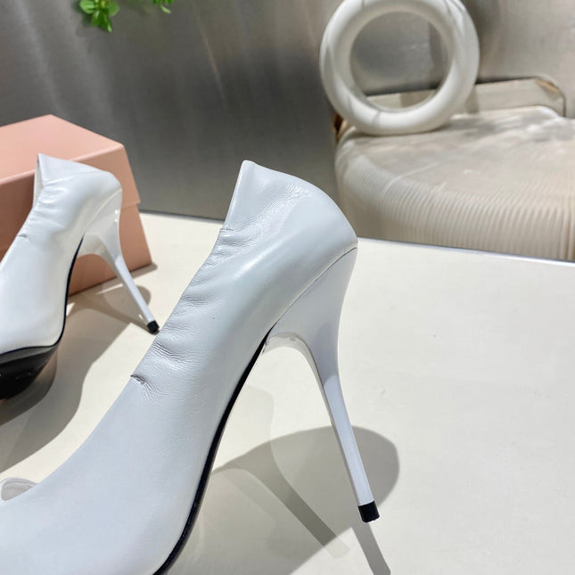 POINTED-TOE HIGH HEEL PUMPS IN WHITE SMOOTH LAMBSKIN