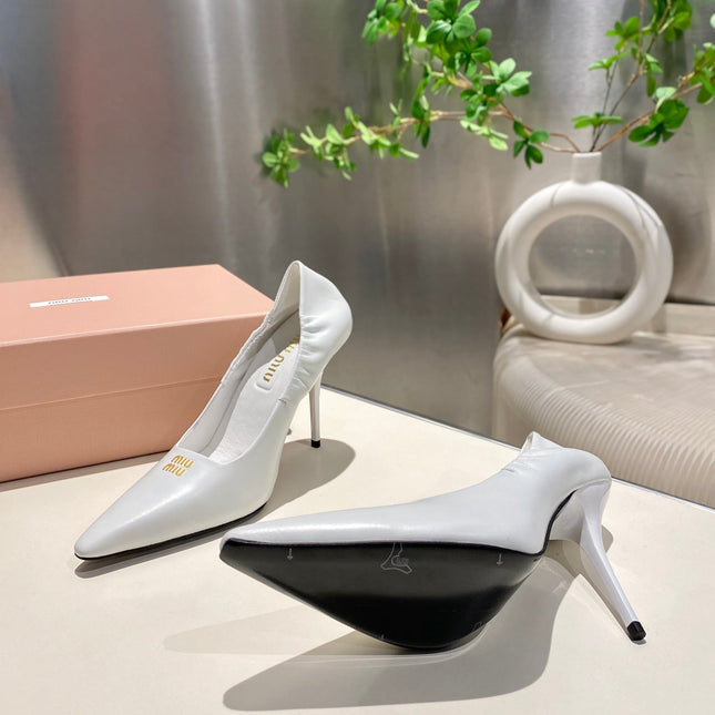 POINTED-TOE HIGH HEEL PUMPS IN WHITE SMOOTH LAMBSKIN