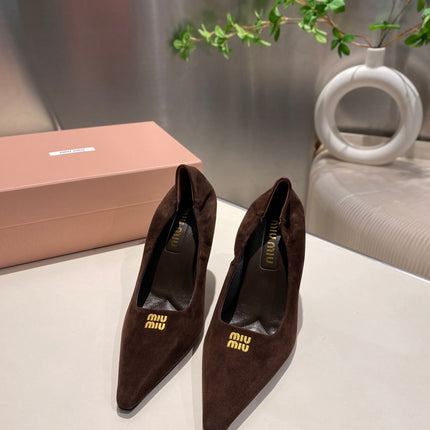 POINTED-TOE HIGH HEEL PUMPS IN CHOCOLATE SUEDE