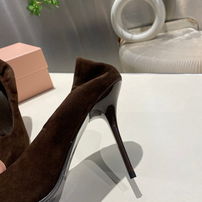 POINTED-TOE HIGH HEEL PUMPS IN CHOCOLATE SUEDE