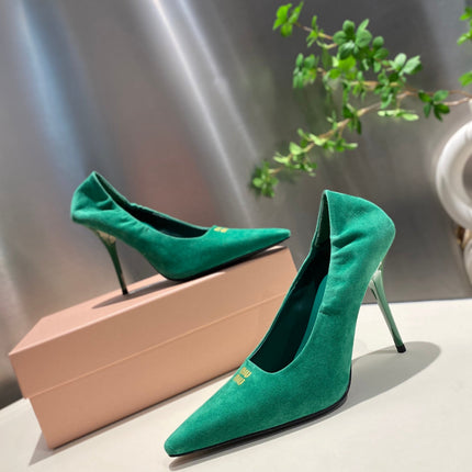 POINTED-TOE HIGH HEEL PUMPS IN GREEN SUEDE