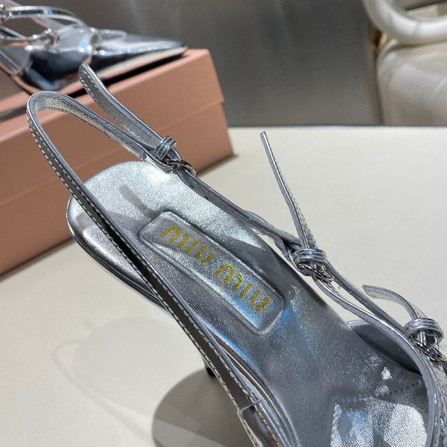 CROSS STRAP HIGH HEELED SLINGBACK IN SILVER METALLIC GLOSSY SHEEPSKIN