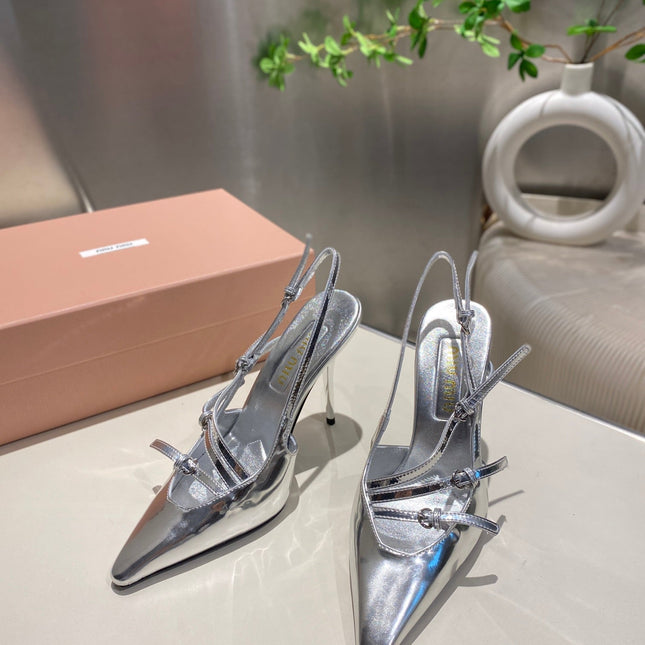 CROSS STRAP HIGH HEELED SLINGBACK IN SILVER METALLIC GLOSSY SHEEPSKIN