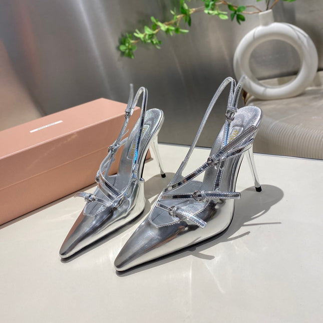 CROSS STRAP HIGH HEELED SLINGBACK IN SILVER METALLIC GLOSSY SHEEPSKIN