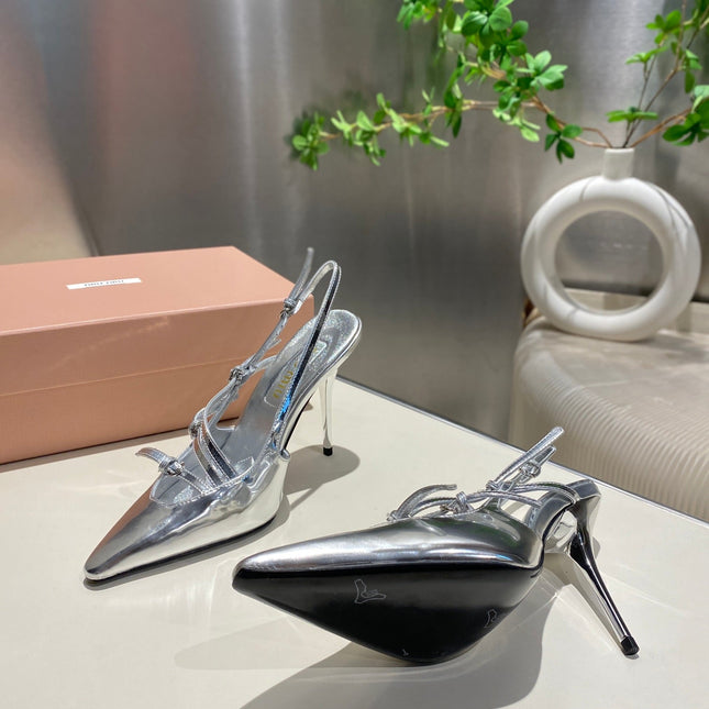 CROSS STRAP HIGH HEELED SLINGBACK IN SILVER METALLIC GLOSSY SHEEPSKIN