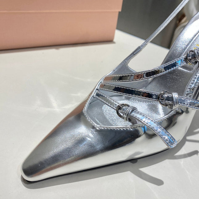 CROSS STRAP HIGH HEELED SLINGBACK IN SILVER METALLIC GLOSSY SHEEPSKIN