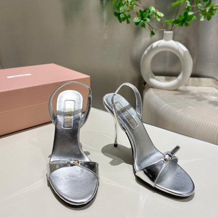 TWO STRAP HIGH HEELED SANDALS IN SILVER METALLIC GLOSSY SHEEPSKIN