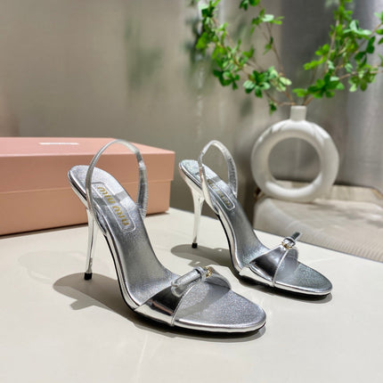 TWO STRAP HIGH HEELED SANDALS IN SILVER METALLIC GLOSSY SHEEPSKIN
