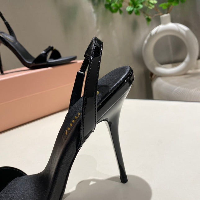 TWO STRAP HIGH HEELED SANDALS IN BLACK GLOSSY SHEEPSKIN