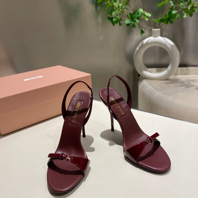 TWO STRAP HIGH HEELED SANDALS IN WINE RED GLOSSY SHEEPSKIN