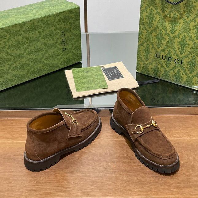 GG WOMEN'S HORSEBIT ANKLE BOOT IN DARK BROWN SUEDE